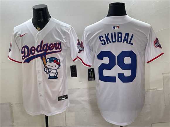 Mens Los Angeles Dodgers #29 Tarik Skubal White Hello Kitty Night 2025 World Series Champions Patch Limited Stitched Jersey Dzhi->los angeles dodgers->MLB Jersey