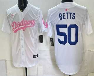 Mens Los Angeles Dodgers #50 Mookie Betts White Pink Limited Stitched Jersey Dzhi->los angeles dodgers->MLB Jersey