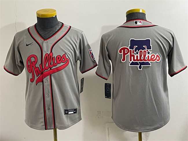 Youth Philadelphia Phillies Team Big Logo Gray 2026 Field of Dreams Stadium Stitched Baseball Jersey->mlb youth jerseys->MLB Jersey