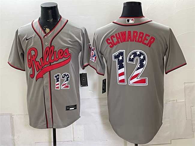 Mens Philadelphia Phillies #12 Kyle Schwarber Gray 2026 Field of Dreams USA 250 Fourth of July Stadium Stitched Jersey Dzhi->philadelphia phillies->MLB Jersey
