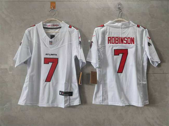 Women%27s Atlanta Falcons #7 Bijan Robinson White 2026 New F.U.S.E. Stitched Jersey(Run Small)->baltimore ravens->NFL Jersey