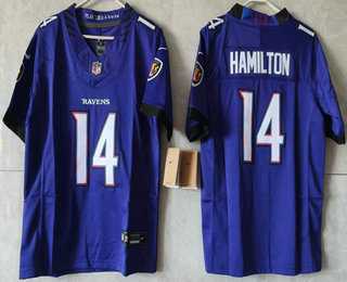 Women%27s Baltimore Ravens #14 Kyle Hamilton Limited Purple Vapor FUSE Jersey->baltimore ravens->NFL Jersey
