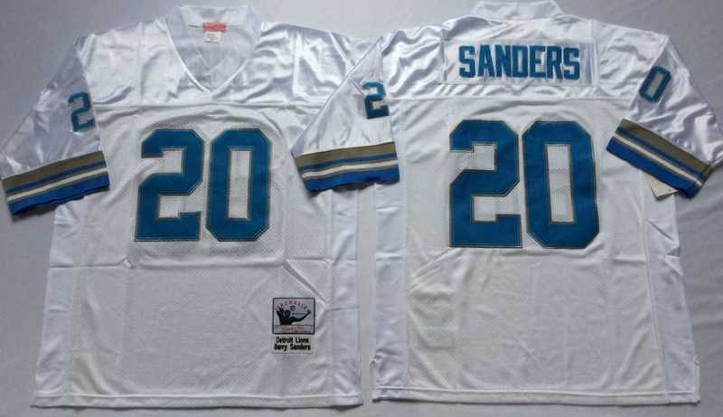 Men%27s Detroit Lions #20 Barry Sanders White Throwback Stitched Football Jersey->detroit lions->NFL Jersey
