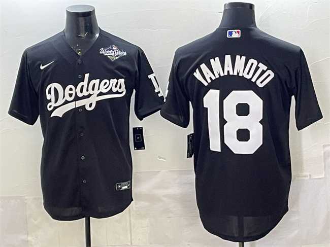 Men%27s Los Angeles Dodgers #18 Yoshinobu Yamamoto Black 2025 World Series Patch Cool Base Stitched Jersey->los angeles dodgers->MLB Jersey