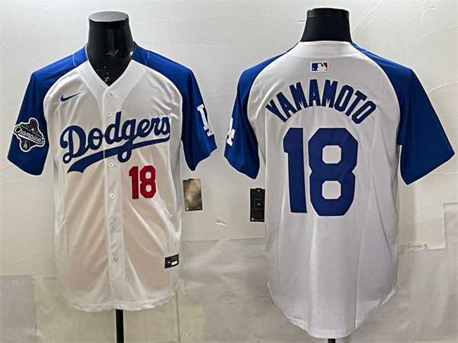 Men%27s Los Angeles Dodgers #18 Yoshinobu Yamamoto White Royal 2025 World Series Champions Patch Limited Stitched Jersey->los angeles dodgers->MLB Jersey