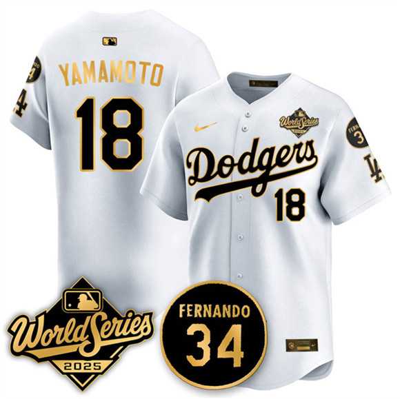 Men%27s Los Angeles Dodgers #18 Yoshinobu Yamamoto White Gold 2025 World Series With No.34 Patch Limited Stitched Jersey->los angeles dodgers->MLB Jersey