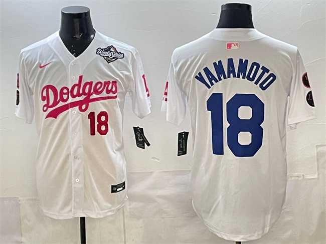 Men%27s Los Angeles Dodgers #18 Yoshinobu Yamamoto White Pink 2025 World Series Vin & Kobe Patch Limited Stitched Jersey->los angeles dodgers->MLB Jersey