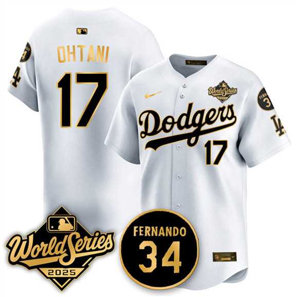 Men%27s Los Angeles Dodgers #17 Shohei Ohtani White Gold 2025 World Series With No.34 Patch Limited Stitched Jersey->los angeles dodgers->MLB Jersey