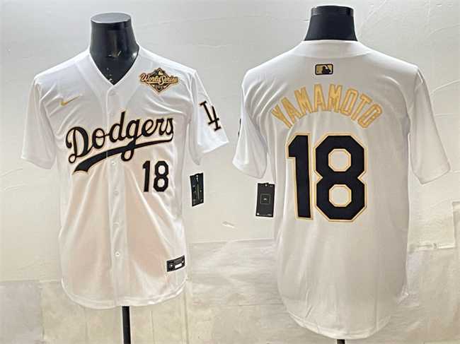 Men%27s Los Angeles Dodgers #18 Yoshinobu Yamamoto White Gold 2025 World Series Patch Limited Stitched Jersey->los angeles dodgers->MLB Jersey