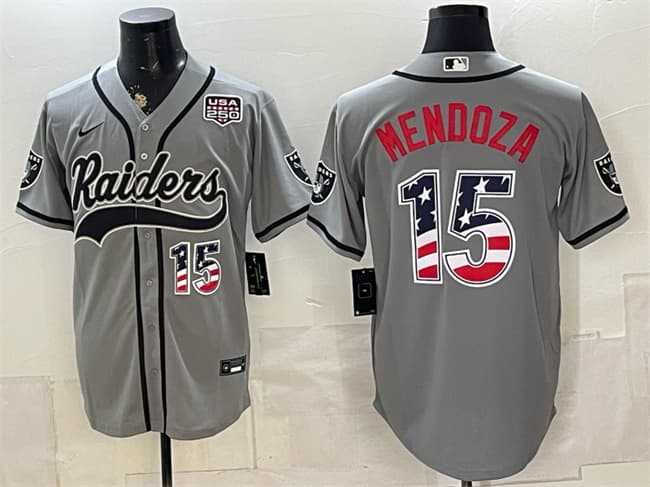 Men%27s Las Vegas Raiders #15 Fernando Mendoza Gray USA 250 Fourth of July Vapor Limited Stitched Baseball Jersey Dzhi->las vegas raiders->NFL Jersey