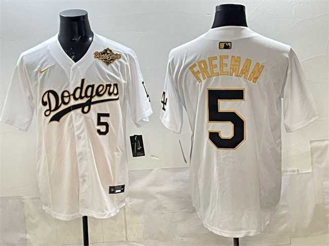 Men%27s Los Angeles Dodgers #5 Freddie Freeman White Gold 2025 World Series Limited Stitched Jersey->customized mlb jersey->Custom Jersey