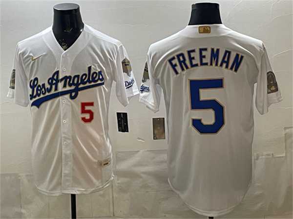 Men%27s Los Angeles Dodgers #5 Freddie Freeman White 2026 Gold Collection 9x & B2B Champs Patch Stitched Jersey Dzhi->los angeles dodgers->MLB Jersey