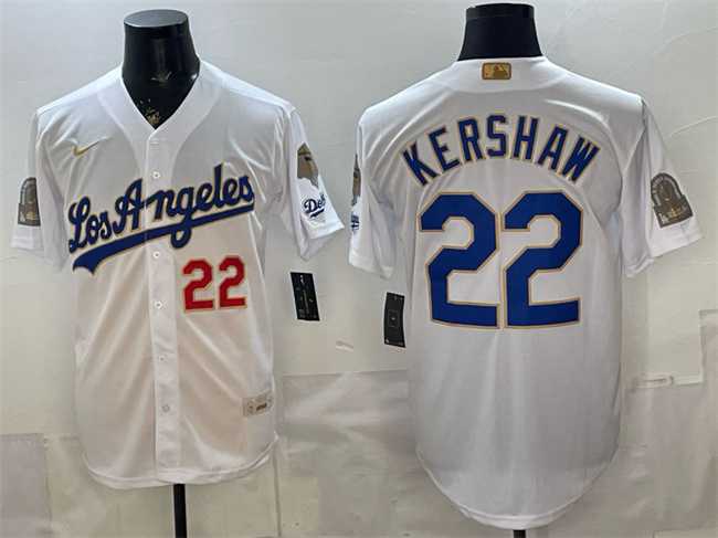 Men%27s Los Angeles Dodgers #22 Clayton Kershaw White 2026 Gold Collection 9x & B2B Champs Patch Stitched Jersey Dzhi->los angeles dodgers->MLB Jersey
