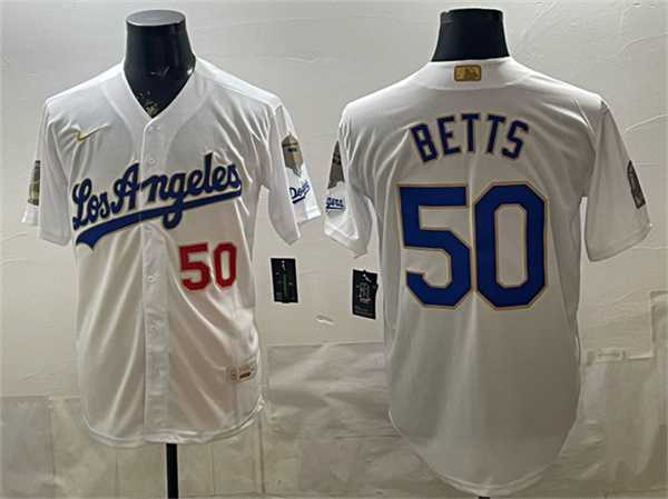 Men%27s Los Angeles Dodgers #50 Mookie Betts White 2026 Gold Collection 9x & B2B Champs Patch Stitched Jersey Dzhi->los angeles dodgers->MLB Jersey