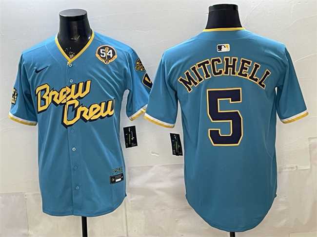 Men%27s Milwaukee Brewers #5 Garrett Mitchell Powder Blue City Connect With Home & Bob Uecker Patch Limited Stitched Jersey Dzhi->milwaukee brewers->MLB Jersey