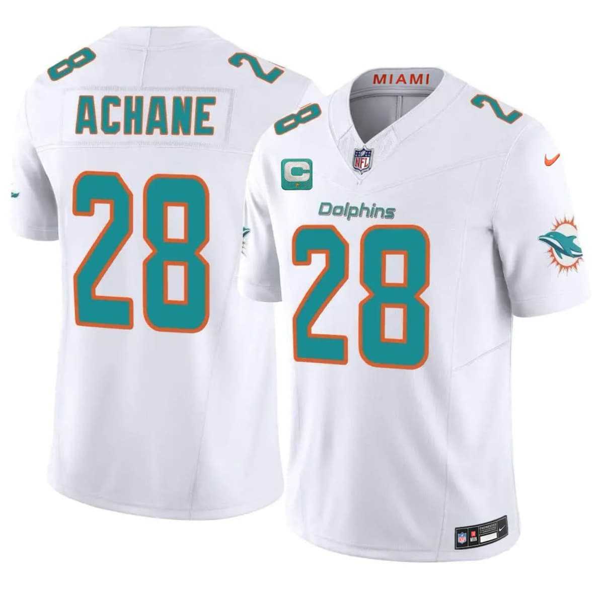Men%27s Miami Dolphins #28 De%27Von Achane White 2026 F.U.S.E. 1-Star C Patch Vapor Limited Stitched Jersey Dzhi->miami dolphins->NFL Jersey