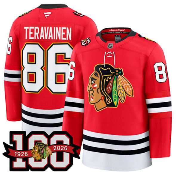 Mens Chicago Blackhawks #86 Teuvo Teravainen Red 2025 Home 100th Anniversary Stitched Hockey Jersey Dzhi->chicago blackhawks->NHL Jersey