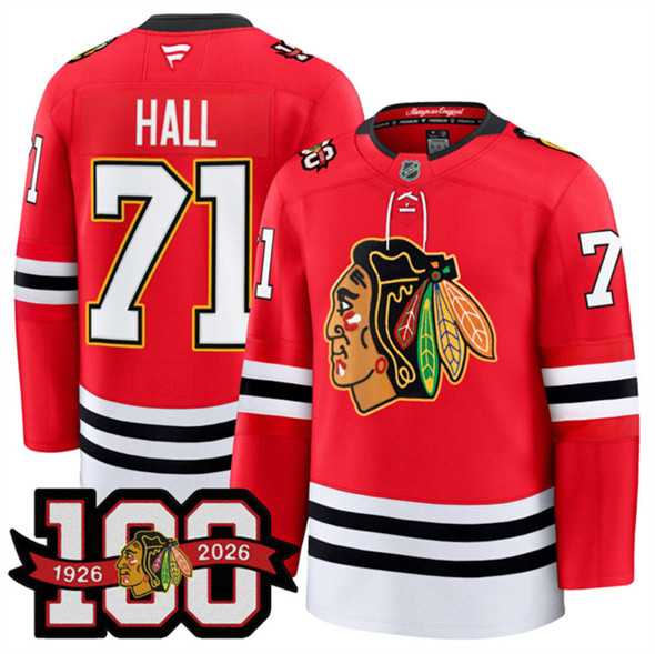 Mens Chicago Blackhawks #71 Taylor Hall Red 2025 Home 100th Anniversary Stitched Hockey Jersey Dzhi->chicago blackhawks->NHL Jersey