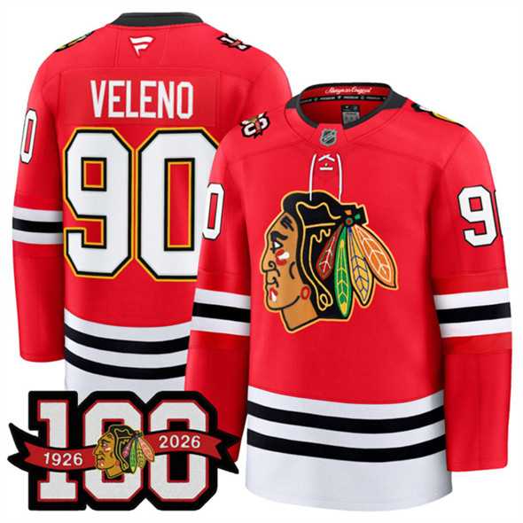 Mens Chicago Blackhawks #90 Joe Veleno Red 2025 Home 100th Anniversary Stitched Hockey Jersey Dzhi->chicago blackhawks->NHL Jersey
