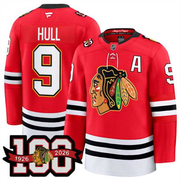 Mens Chicago Blackhawks #9 Bobby Hull Red 2025 Home 100th Anniversary Stitched Hockey Jersey Dzhi->chicago blackhawks->NHL Jersey