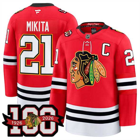 Mens Chicago Blackhawks #21 Stan Mikita Red 2025 Home 100th Anniversary Stitched Hockey Jersey Dzhi->chicago blackhawks->NHL Jersey