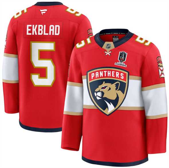 Men%27s Florida Panthers #5 Aaron Ekblad Red Home 2025 Stanley Cup Champions Patch Stitched Jersey Dzhi->edmonton oilers->NHL Jersey