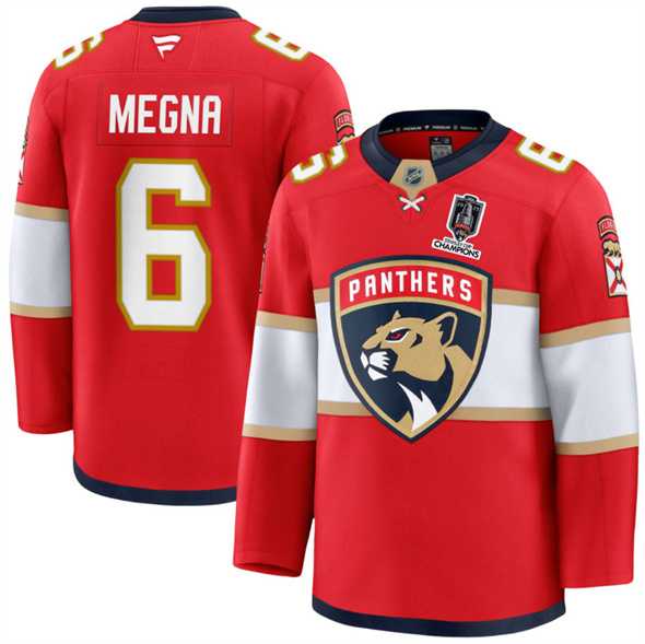 Men%27s Florida Panthers #6 Jaycob Megna Red Home 2025 Stanley Cup Champions Patch Stitched Jersey Dzhi->edmonton oilers->NHL Jersey