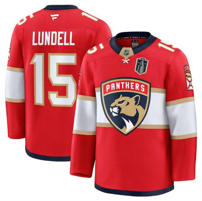 Mens Florida Panthers #15 Anton Lundell Red 2025 Stanley Cup Final Patch Stitched Hockey Jersey Dzhi->florida panthers->NHL Jersey