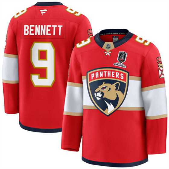 Mens Florida Panthers #9 Sam Bennett Red Home 2025 Stanley Cup Champions Patch Stitched Hockey Jersey Dzhi->florida panthers->NHL Jersey