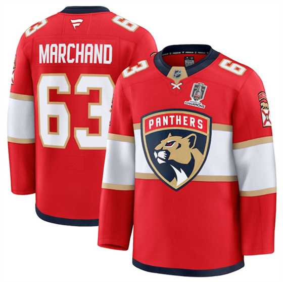 Mens Florida Panthers #63 Brad Marchand Red Home 2025 Stanley Cup Champions Patch Stitched Hockey Jersey Dzhi->florida panthers->NHL Jersey