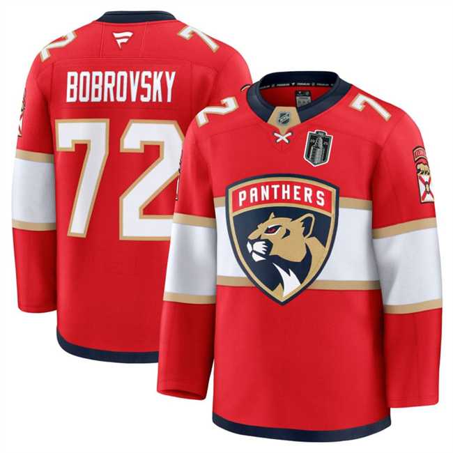 Mens Florida Panthers #72 Sergei Bobrovsky Red 2025 Stanley Cup Final Patch Stitched Hockey Jersey Dzhi->florida panthers->NHL Jersey