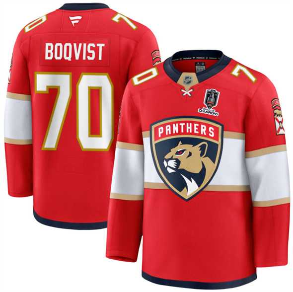 Mens Florida Panthers #70 Jesper Boqvist Red Home 2025 Stanley Cup Champions Patch Stitched Jersey Dzhi->florida panthers->NHL Jersey