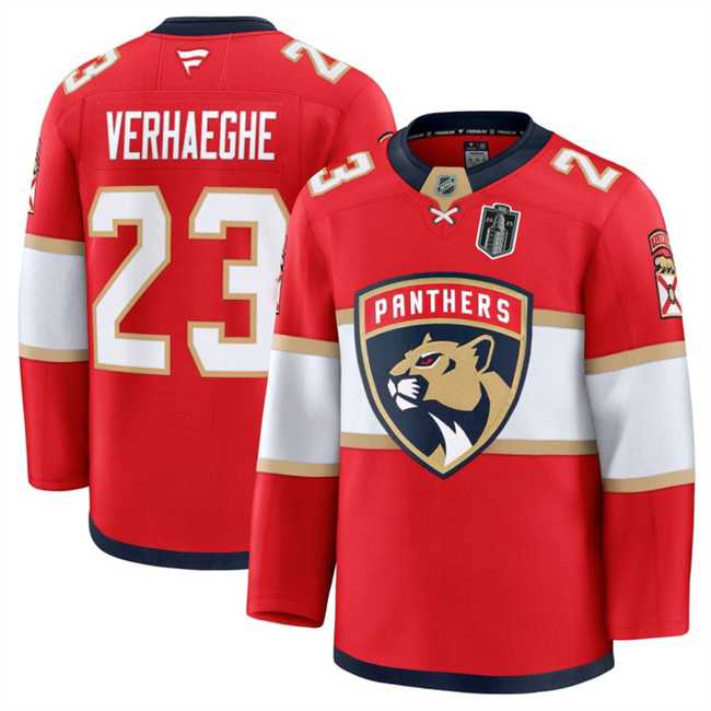 Mens Florida Panthers #23 Carter Verhaeghe Red 2025 Stanley Cup Final Patch Stitched Hockey Jersey Dzhi->florida panthers->NHL Jersey