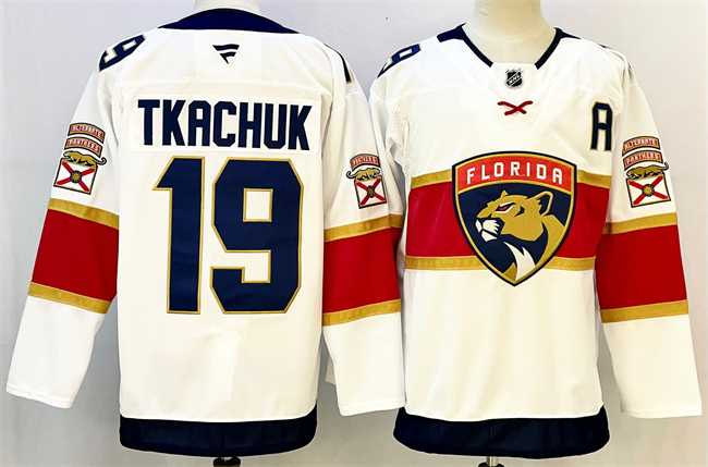 Mens Florida Panthers #19 Matthew Tkachuk White 2024-25 Home With A Patch Stitched Hockey Jersey->florida panthers->NHL Jersey
