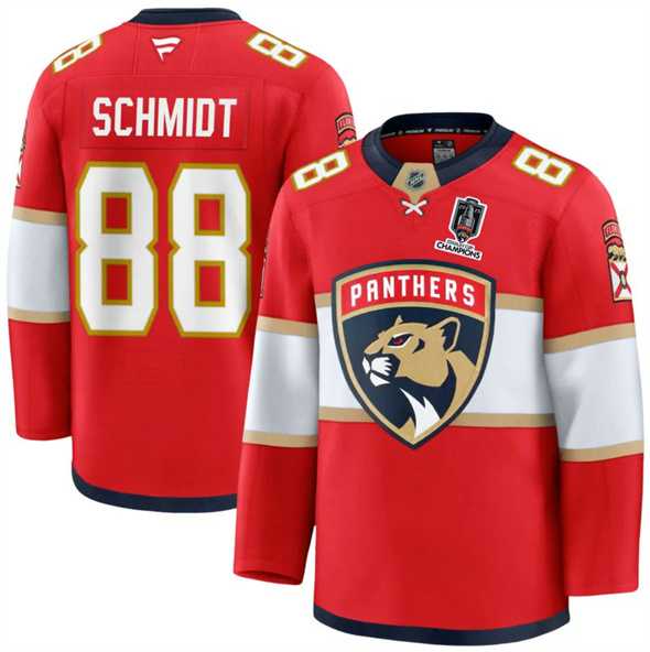 Mens Florida Panthers #88 Nate Schmidt Red Home 2025 Stanley Cup Champions Patch Stitched Jersey Dzhi->florida panthers->NHL Jersey