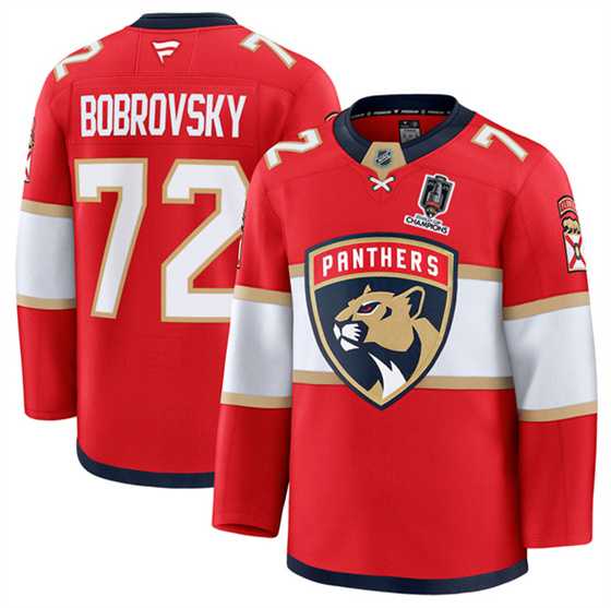 Mens Florida Panthers #72 Sergei Bobrovsky Red Home 2025 Stanley Cup Champions Patch Stitched Hockey Jersey Dzhi->florida panthers->NHL Jersey