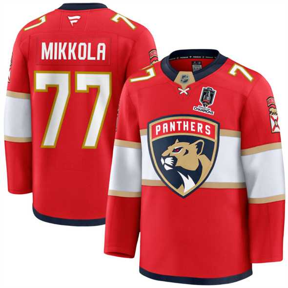 Mens Florida Panthers #77 Niko Mikkola Red Home 2025 Stanley Cup Champions Patch Stitched Jersey Dzhi->florida panthers->NHL Jersey