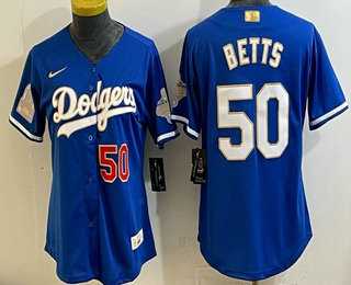 Women%27s Los Angeles Dodgers #50 Mookie Betts Blue 2026 Gold Collection Stadium Jersey->mlb womens jerseys->MLB Jersey
