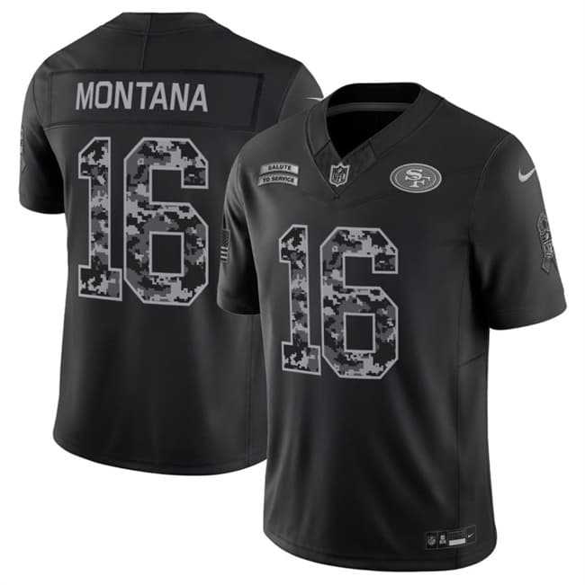 Men%27s San Francisco 49ers #16 Joe Montana Black 2026 F.U.S.E. Salute to Service Limited Stitched Jersey->san francisco 49ers->NFL Jersey