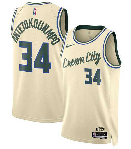 Mens Milwaukee Bucks #34 Giannis Antetokounmpo Cream 2025-26 City Edition Swingman Stitched Jersey Dzhi->milwaukee bucks->NBA Jersey