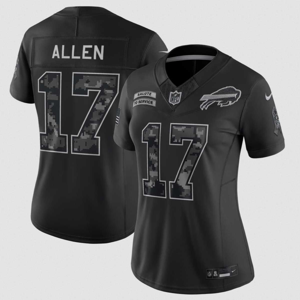 Women%27s Buffalo Bills #17 Josh Allen Black 2026 F.U.S.E. Salute to Service Limited Stitched Jersey(Run Small)->dallas cowboys->NFL Jersey
