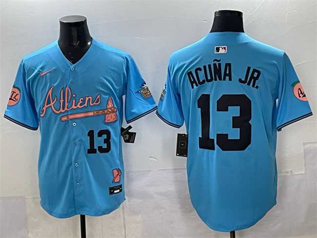 Men%27s Atlanta Braves #13 Ronald Acuna Jr. Blue 2024 Atliens & Peach With Outkast Patch Vapor Limited Stitched Jersey->atlanta braves->MLB Jersey