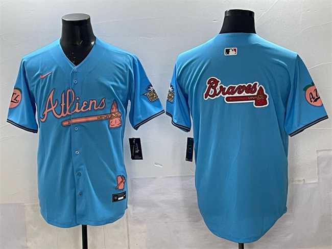 Men%27s Atlanta Braves Team Big Logo Blue 2024 Atliens & Peach With Outkast Patch Vapor Limited Stitched Jersey->boston red sox->MLB Jersey