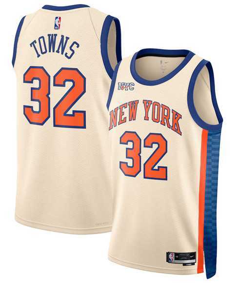 Mens New Yok Knicks #32 Karl-Anthony Towns Cream 2025-26 City Edition Swingman Stitched Jersey Dzhi->new york knicks->NBA Jersey