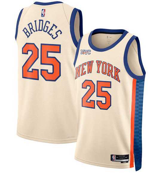 Mens New Yok Knicks #25 Mikal Bridges Cream 2025-26 City Edition Swingman Stitched Jersey Dzhi->new york knicks->NBA Jersey