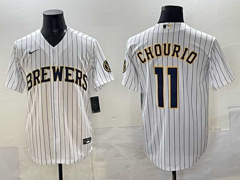 Men%27s Milwaukee Brewers #11 Jackson Chourio White Pinstripe 2025 With Patch Stitched Jersey->milwaukee brewers->MLB Jersey