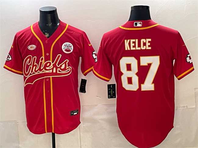 Mens Kansas City Chiefs #87 Travis Kelce Red With NKH Patch Cool Base Stitched Baseball Jersey->kansas city chiefs->NFL Jersey