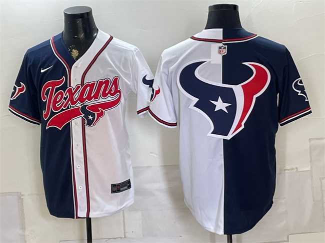 Men%27s Houston Texans Team Big Logo Navy White Split With Patch Cool Base Stitched Baseball Jersey->houston texans->NFL Jersey