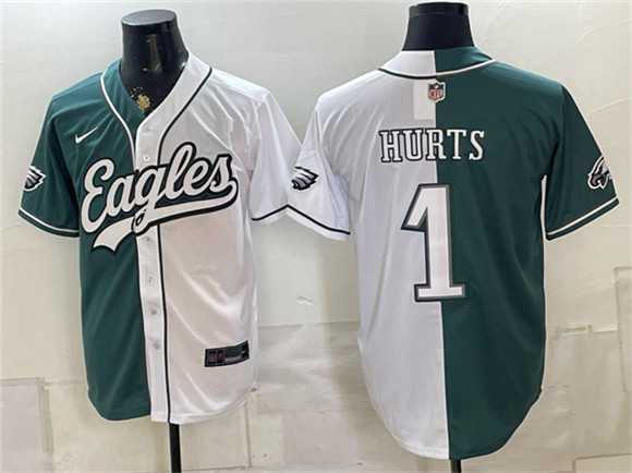 Men%27s Philadelphia Eagles #1 Jalen Hurts Green White Split Stitched Jersey->philadelphia eagles->NFL Jersey