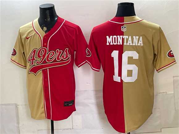 Mens San Francisco 49ers #16 Joe Montana Gold Red Split Stitched Jersey->san francisco 49ers->NFL Jersey
